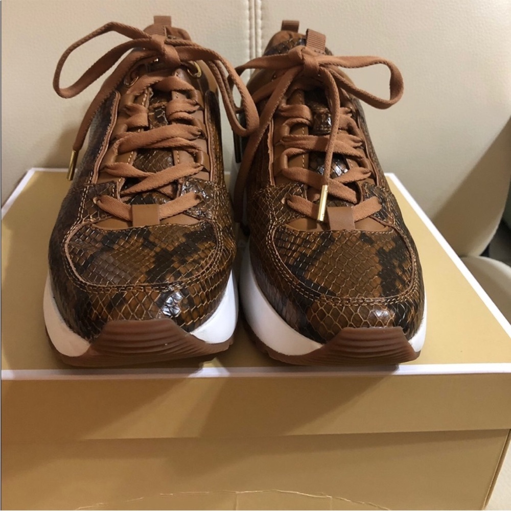Michael Kors Brown Snake Print Leather Sneakers - Picture 3 of 6